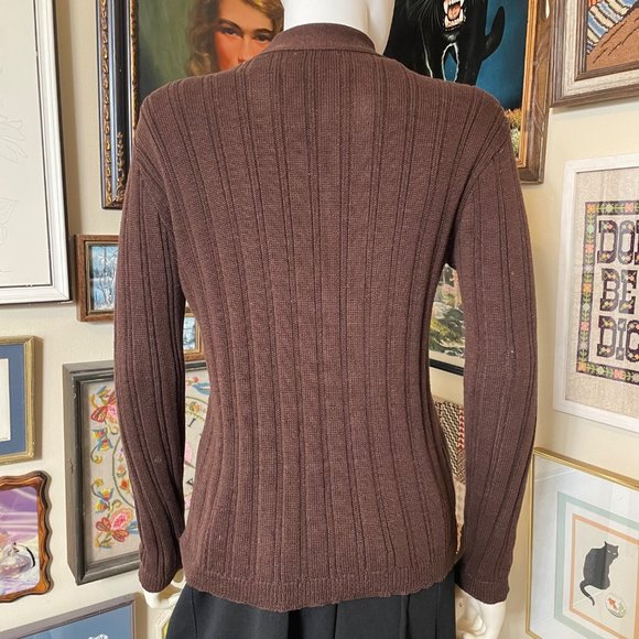 70s Vintage Bobbie Brooks Brown Rin Knit Long Sleeve V-Neck Cardigan Sweater M - Picture 3 of 4